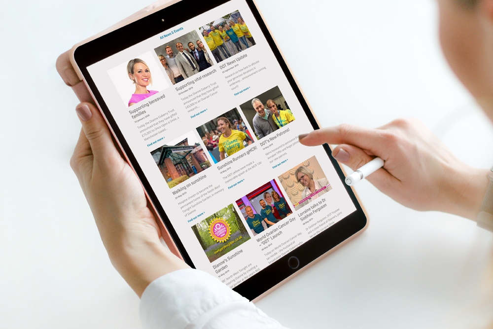 The Dianne Oxberry Trust website news section shown on an iPad