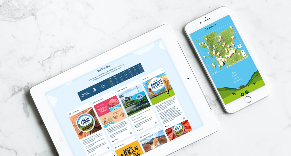 The Arran Ice Cream website shown on an iPad and phone