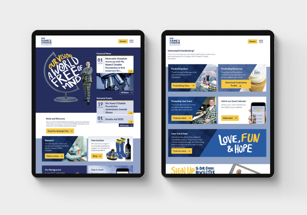 The My Name'5 Doddie Foundation website on tablets