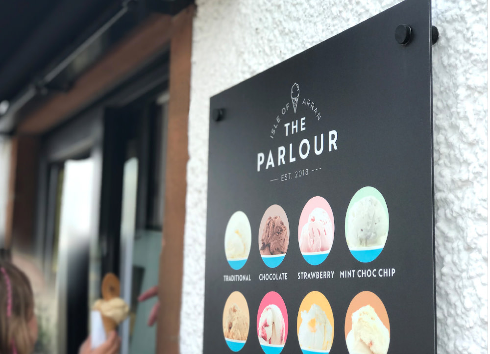 Sign showing flavours of ice cream available at The Parlour